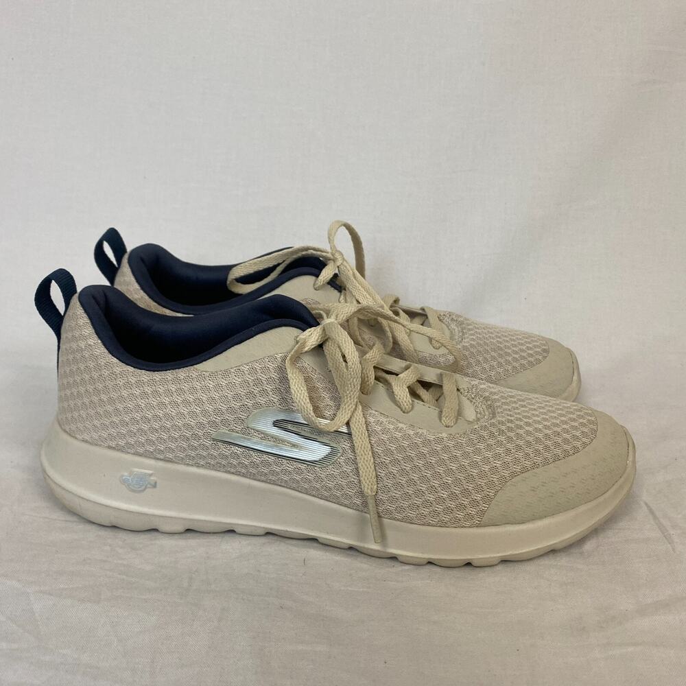 Skechers Womens 8 Sneakers Air Cooled Goga Mat Mesh Lace Up Tan Navy Blue 54060 - Picture 2 of 12
